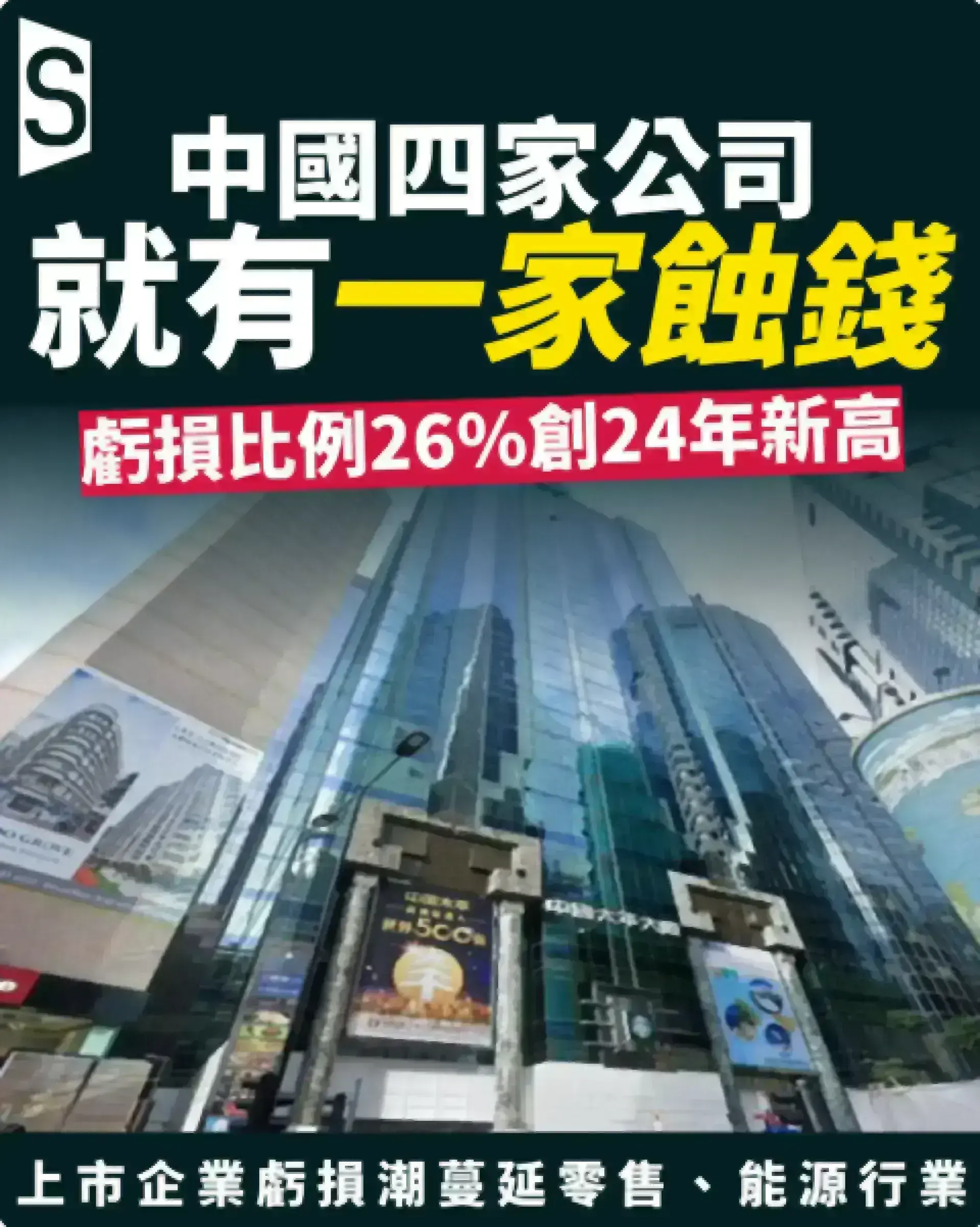 四家公司中就有一家蝕錢——大陸上市企業虧損潮蔓延至零售、能源行業